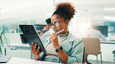 Buy stock photo Tablet, thinking and woman in office with stylus for web development, update or reading software review. Network, coding and programmer on digital app with pen, ideas and ux design at tech agency