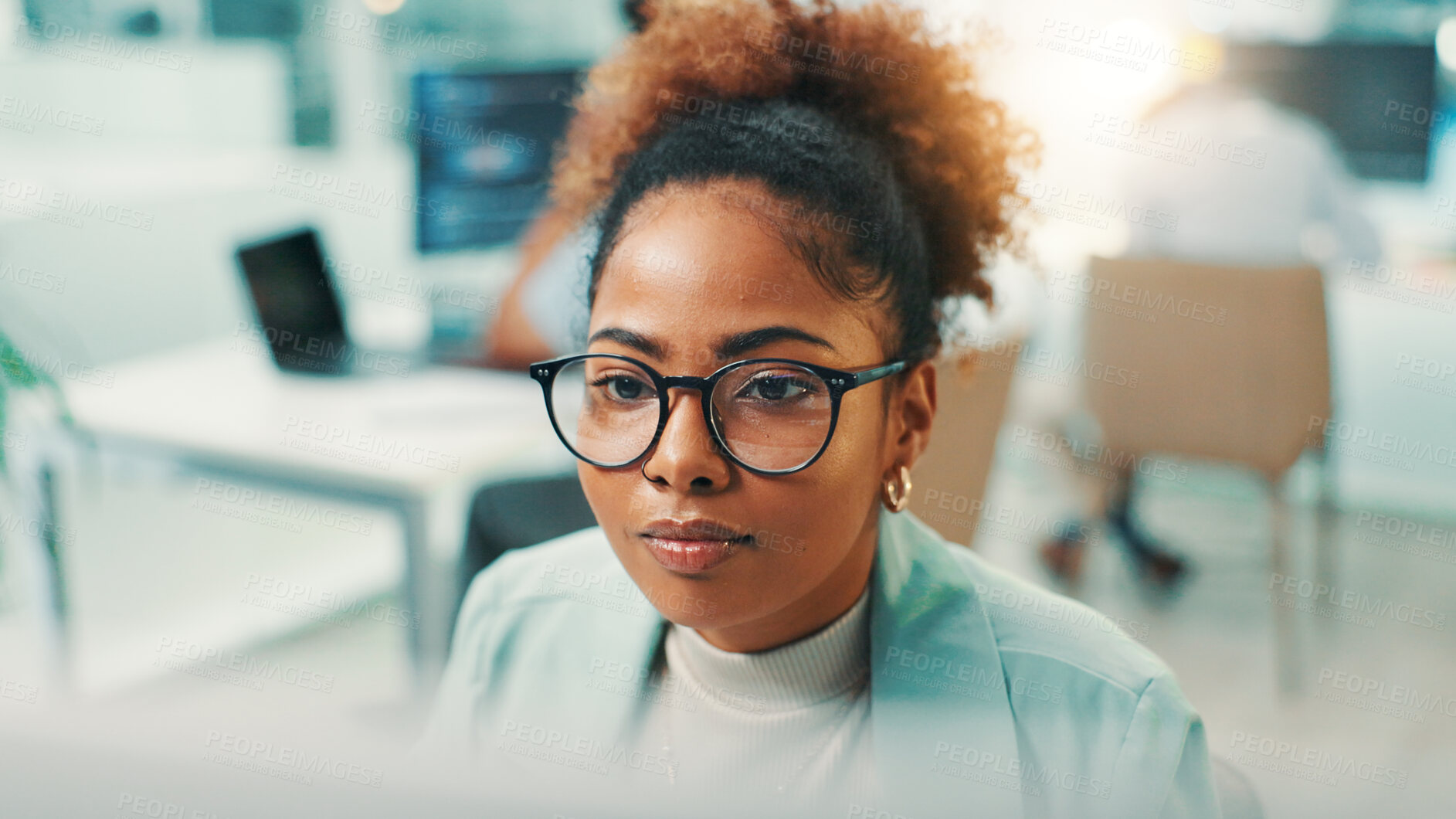 Buy stock photo Programmer, computer or woman with glasses for reading code, app development and debugging PC. Review, programming research and employee with technology for software testing, system or online update