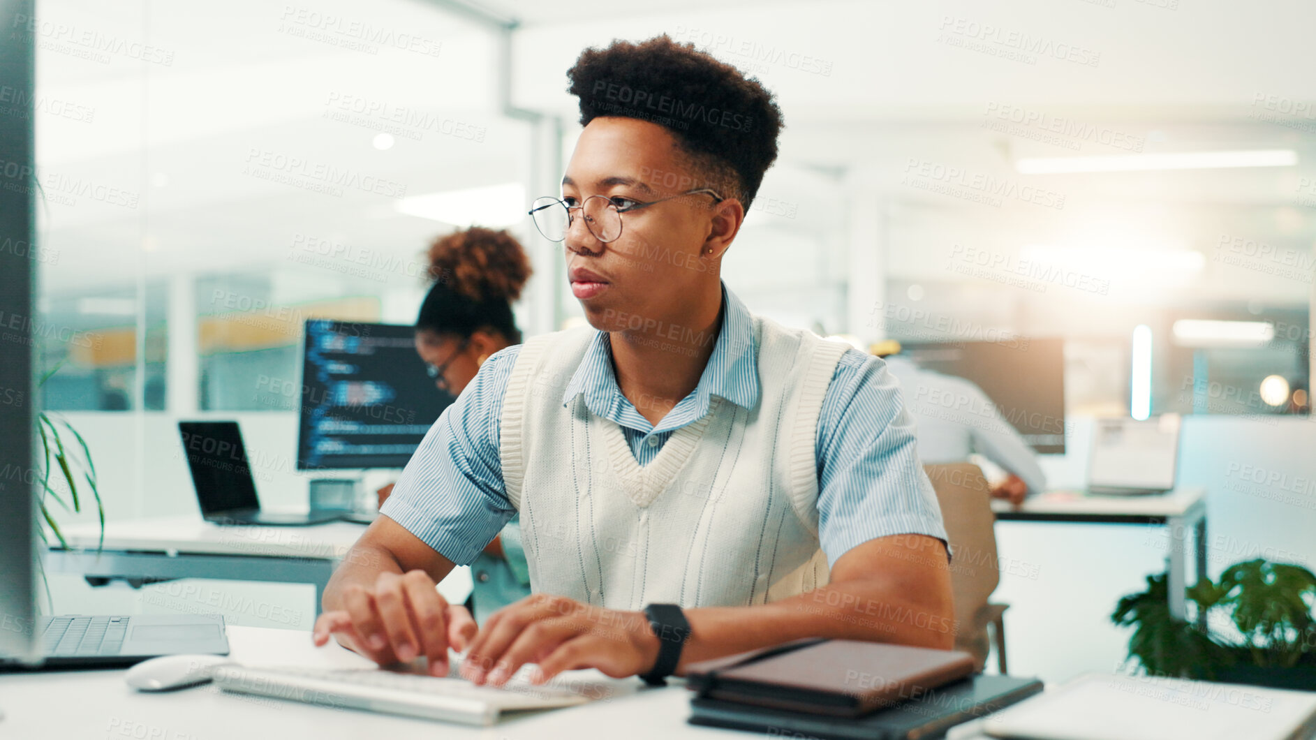 Buy stock photo Programming, man and typing on computer in office for web development, system maintenance and app debugging. Programmer, employee and technology for database troubleshooting, testing code and update