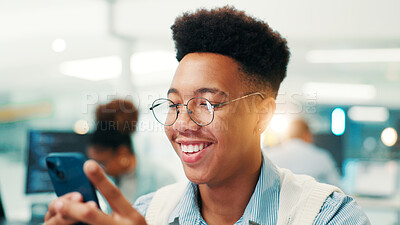 Buy stock photo Business, cellphone and man in office, smile and glasses with chatting, accounting or connection. Happy person, financial advisor or employee in workplace, digital app for economy news and trading