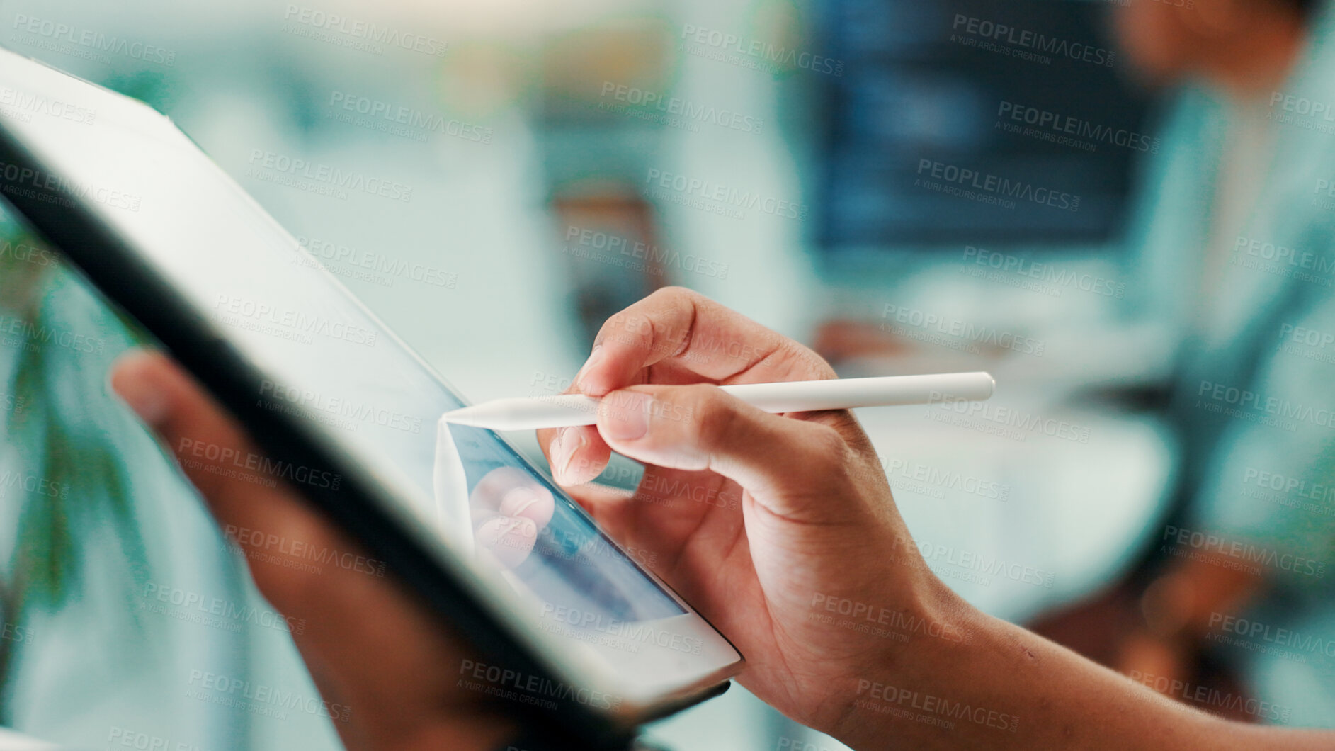 Buy stock photo Tablet, stylus and hands of person in office for web development, AI update or software upgrade process. Network, coding and programmer on digital app with pen, planning and UX design at tech agency