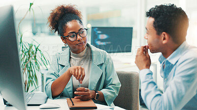 Buy stock photo Meeting, discussion and business people in office talking for strategy, planning and proposal. Corporate workers, professional and man and woman with notes for project, collaboration and feedback