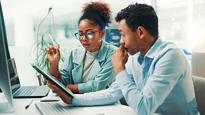 Buy stock photo Planning, tablet and teamwork with business people in office for gaming developer, programming render and research. Coding esports prototype, design engineer and backend script with employees for app