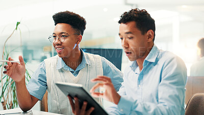 Buy stock photo Research, tablet and discussion with business people in office for gaming developer, programming update and plan. Coding esports prototype, design engineer and backend script with employees for app