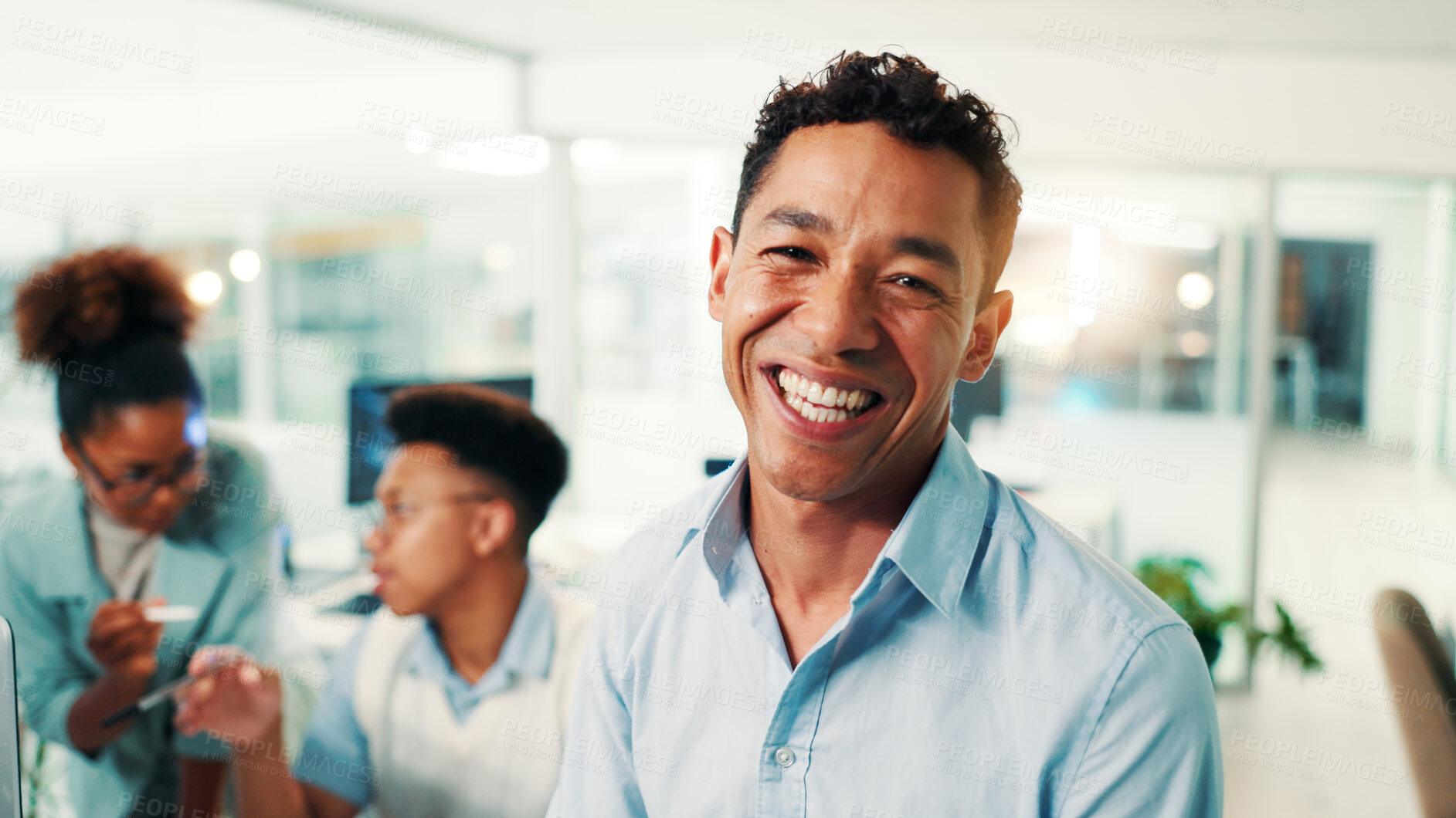 Buy stock photo Man, portrait and happy in office at startup with pride, team or confidence for career at agency. Person, smile and face in workplace with leadership for group, excited or job with meeting at company