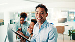 Tablet, smile and man in office with confidence for web development, online project or software management. Network, portrait or programmer on digital app with team, research or design at tech agency