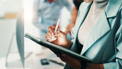 Buy stock photo Tablet, pen and hands of person in office with notes for web development, AI update or software info. Network, coding and programmer on digital app with stylus, writing and UX design at tech agency.