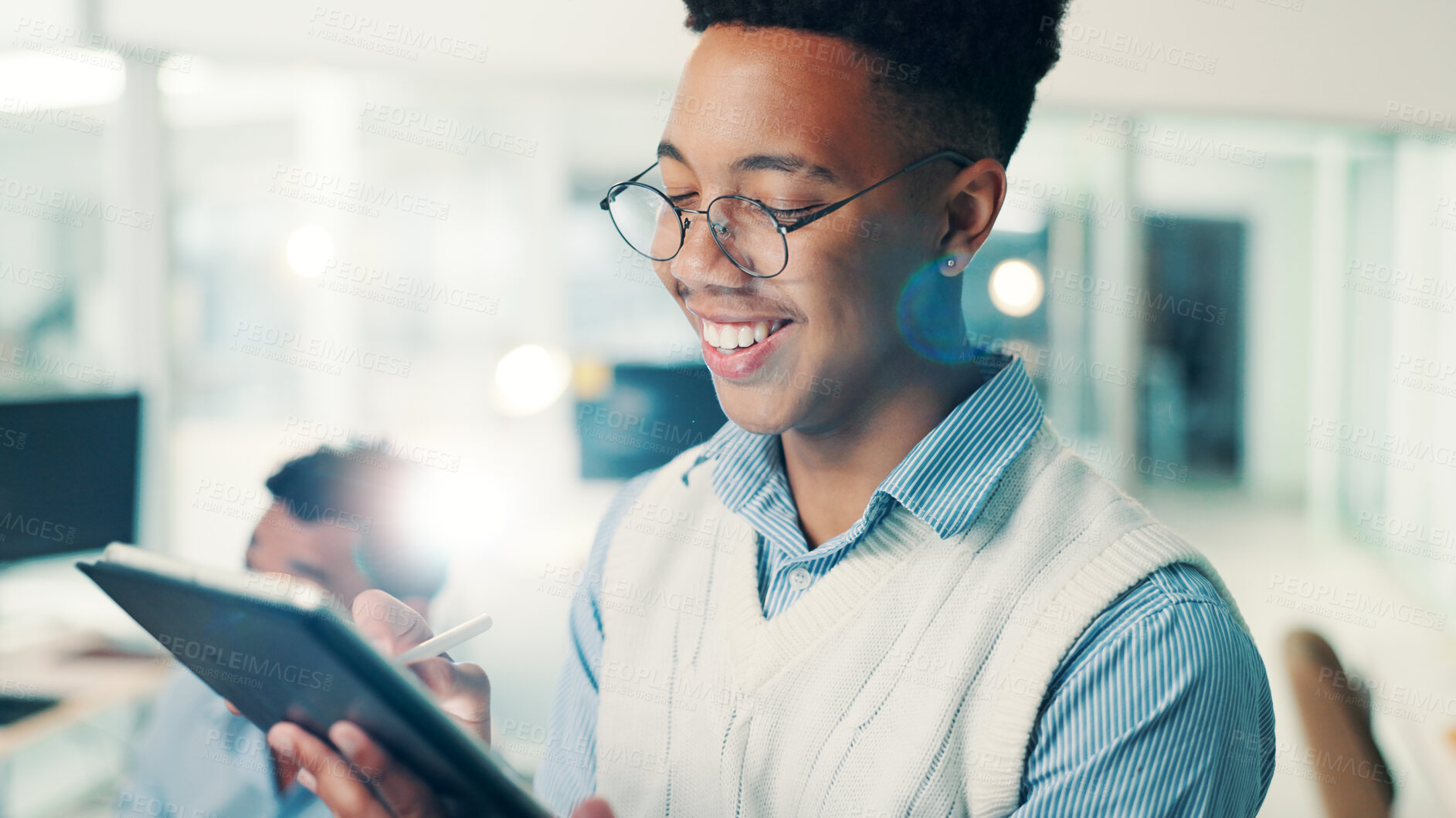 Buy stock photo Programmer, man and happy with tablet in office for writing code, software update and web development. Programming, employee and testing digital app with stylus for database integration and debugging