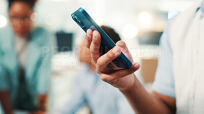 Buy stock photo Closeup, hands or businessman in company with phone for accounting online, economy media or finance report. Mobile, app or financial advisor on touchscreen for schedule, research or investment growth