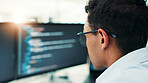 Coding, man and computer screen with reading in office for software development, website maintenance or app testing. Back, programming and employee with data analytics for system update and planning
