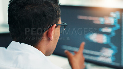 Buy stock photo Back, computer screen and man in office, coding research and it support with cyber security update. Person, programmer and employee in workplace, pc and building software with developer or web design