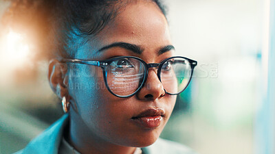 Buy stock photo Reflection, glasses and programmer with business woman cyber security, network domain and code analyst. Server encryption, tech startup and software review with person in IT firm for VPN system