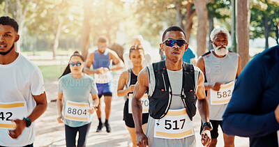 Buy stock photo Running, marathon and sports with people in park for charity event, race challenge and fitness. Speed, fundraising competition and exercise with runners in nature for performance, cardio and health