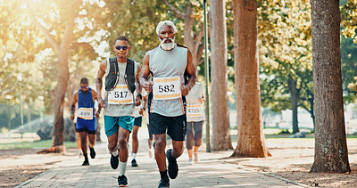 Buy stock photo Running, marathon and race with people in park for charity event, health challenge and fitness. Training, fundraising competition and exercise with group of runners in nature for workout and sports