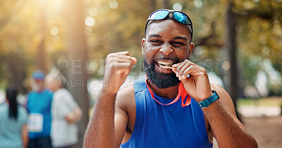 Buy stock photo Portrait, athlete and man with medal, win and excited for first place, marathon and confident in nature. Outdoor, fitness and runner with prize for race, winner and achievement for happy person
