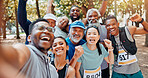 Running, selfie and portrait of friends in park for social media, memory and online post for fitness. Runner group, happy and men and women take profile picture for exercise, workout and training