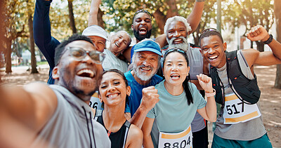 Buy stock photo Running, selfie and portrait of friends in park for social media, memory and online post for success. Runner group, celebrate and men and women with photo POV to finish exercise, workout and marathon