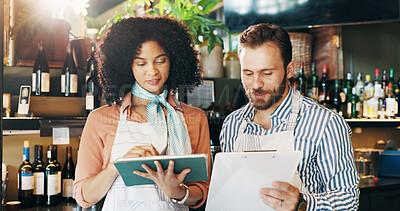 Buy stock photo Happy, entrepreneur and team with tablet, cafe and review of order for inventory, people or discussion. Small business, woman and man with tech for sales, clipboard and colleagues with app in startup