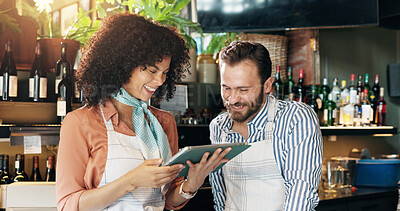 Buy stock photo Small business, smile and team with tablet, cafe and review of order for inventory and collaboration. Discussion, woman and man with tech for sales, people and colleagues with ideas in meeting