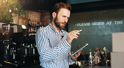 Buy stock photo Coffee shop, counting and man on tablet in cafe for menu items, inventory and online order at pub. Restaurant, alcohol and business owner on digital tech for internet, checklist and review on website
