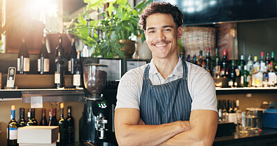 Buy stock photo Man, waiter and arms crossed with smile at pub with pride, confident or small business owner at restaurant. Person, server and portrait with career, catering or happy with liquor at bar in Costa Rica