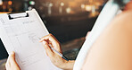 Person, hands and writing with checklist at cafe for stock sheet, inventory or catering service. Closeup, small business owner or manager with inspection or notes for order or products at coffee shop