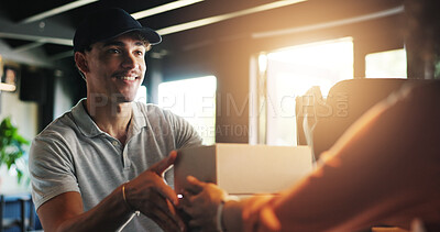 Buy stock photo Man, barista and restaurant for delivery with box for catering service, food or sale at diner. People, courier or customer giving order for collection, meal or small business at cafe or coffee shop
