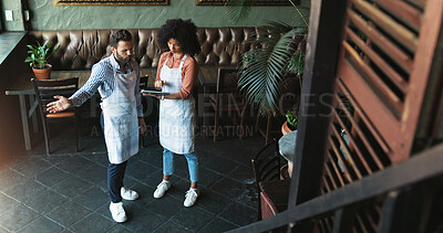 Buy stock photo People, waiter and meeting with tablet at cafe for discussion, planning and stock checklist. Above, man and woman with digital for inventory management, online orders and feedback of menu information