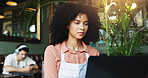 Woman, laptop or reading in restaurant for small business, finance management or online payment. Cafe owner, technology or connectivity for admin with stock order, supplier contact or employee shifts