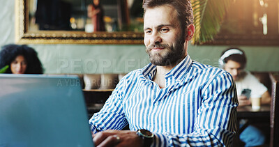 Buy stock photo Laptop, startup and typing with man in coffee shop for blogging, planning or research online. Computer, internet and small business with freelance employee in cafe or restaurant for remote work