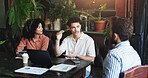 Business, people and planning with laptop in cafe for startup management, financial discussion or feedback. Remote work, team or paperwork in meeting for budget review, collaboration or brainstorming