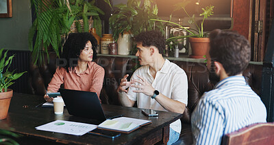 Buy stock photo Business, people and discussion with laptop in cafe for startup management, budget planning or feedback. Remote work, teamwork and documents in meeting for financial review, collaboration or strategy