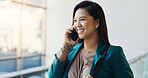 Business, woman and happy with phone call in office for good news, finance negotiation and investment deal. Financial analyst, space and consulting client for project management, discussion and chat