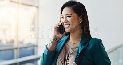 Buy stock photo Business, woman and happy with phone call in office for good news, finance negotiation and investment deal. Financial analyst, space and consulting client for project management, discussion and chat