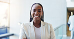 Business, portrait and smile of black woman in office for start of career in corporate company. About us, confidence and excited with happy African employee in workplace for professional opportunity