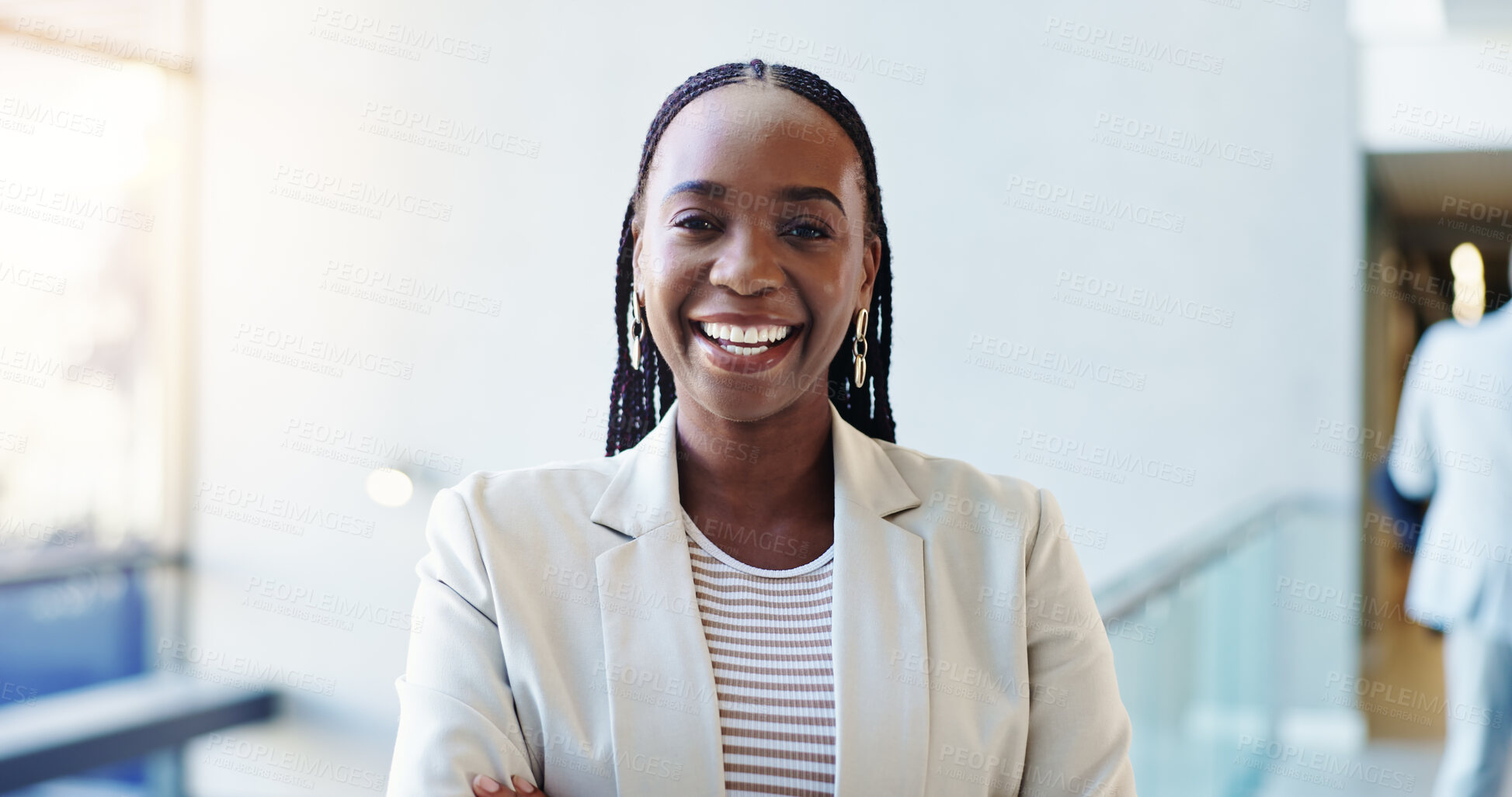 Buy stock photo Business, portrait and smile of black woman in office for start of career in corporate company. About us, confidence and excited with happy African employee in workplace for professional opportunity