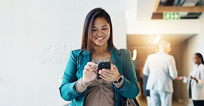 Buy stock photo Happy, office and business woman with phone for online networking, connection and internet. Professional, corporate and person on smartphone for communication, typing email and contact in lobby