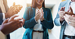 Office, success and hands of business people with applause for teamwork, collaboration and celebration. Corporate, professional and men and women clapping for promotion, achievement and good news