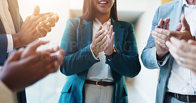 Buy stock photo Office, success and hands of business people with applause for teamwork, collaboration and celebration. Corporate, professional and men and women clapping for promotion, achievement and good news