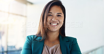 Buy stock photo Happy, confident and portrait of businesswoman in lobby for corporate finance conference. Smile, pride and face of Asian female financial manager at seminar for investment proposal in workplace. 