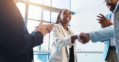 Buy stock photo Office, handshake and business people with applause for success, congratulations and celebration. Corporate, professional and men and women shaking hands for job promotion, achievement and onboarding