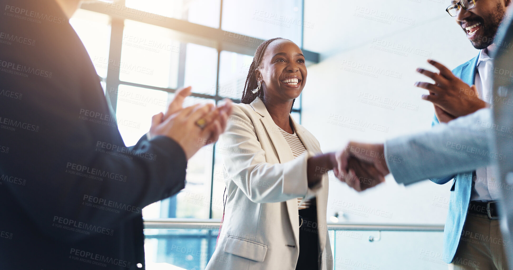 Buy stock photo Office, handshake and business people with applause for success, congratulations and celebration. Corporate, professional and men and women shaking hands for job promotion, achievement and onboarding