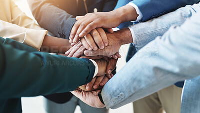 Buy stock photo Support, team spirit and business people stack hands for cooperation, trust and goal. Group, closeup and workers huddle together for community mission, solidarity or synergy with motivation in office