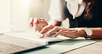 Hands, keyboard and typing with business person closeup at desk in office for email or report. Administration, computer and feedback with professional employee in workplace for editing or publishing
