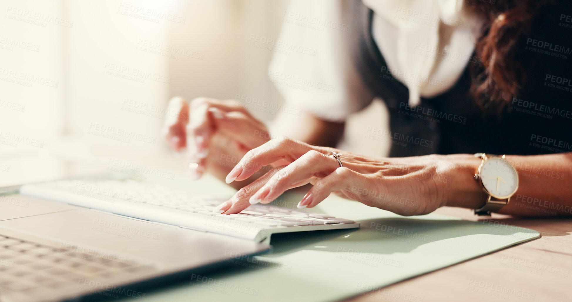 Buy stock photo Hands, keyboard and typing with business person closeup at desk in office for email or report. Administration, computer and feedback with professional employee in workplace for editing or publishing