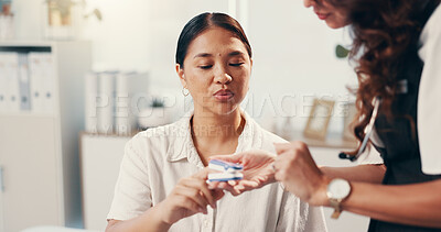 Buy stock photo Doctor, woman and pulse oximeter at clinic for oxygen level reading, respiratory assessment and health checkup. Healthcare, patient and measure heart rate on finger for medical service and cardiology