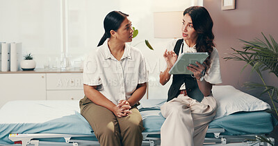 Buy stock photo Doctor, women and consultation with patient, tablet and explain treatment with connection. People, medical and professional with client, tech and app with healthcare, conversation or diagnosis