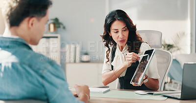 Buy stock photo Doctor, woman and consultation with patient, tablet and explain treatment with diagnosis. People, medical and professional with client, tech and digital app with healthcare, conversation or advice