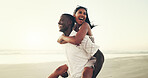 Happy, interracial couple and fun piggyback on beach for summer trip, playful date and bonding. People, laughing and travel for tropical vacation, partner support and relationship commitment at ocean