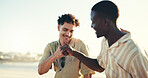 Happy, men and friends with fist bump in nature together for greeting on vacation in summer with bonding. Smile, outdoor and people with hangout for holiday, break or weekend trip at travel location.